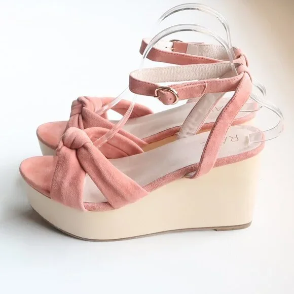 Revolve RAYE Faye Peach Suede Leather Wooden Platform Wedge Ankle Strap Sandals